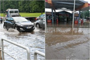 Įsisiautėjusi gamtos stichija smogė Kaunui: po krušos patvino dalis gatvių, vanduo apsėmė degalinę