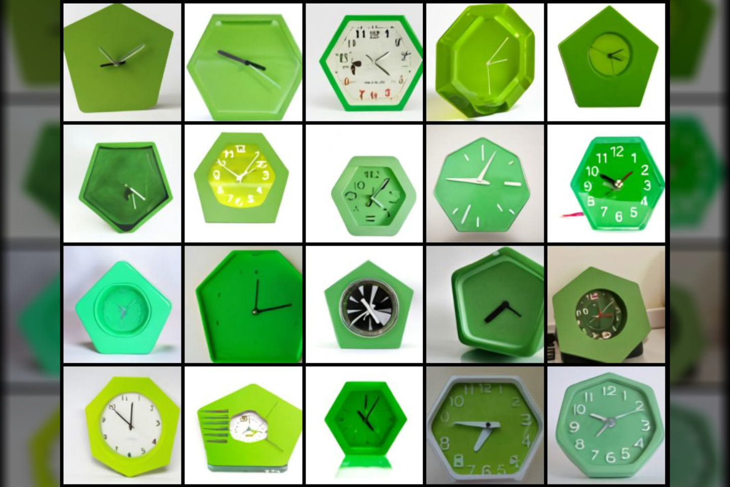 Pagal užduotį „žalias penkiakampės formos laikrodis ant balto stalo“ DI sukurti laikrodžio dizainai.