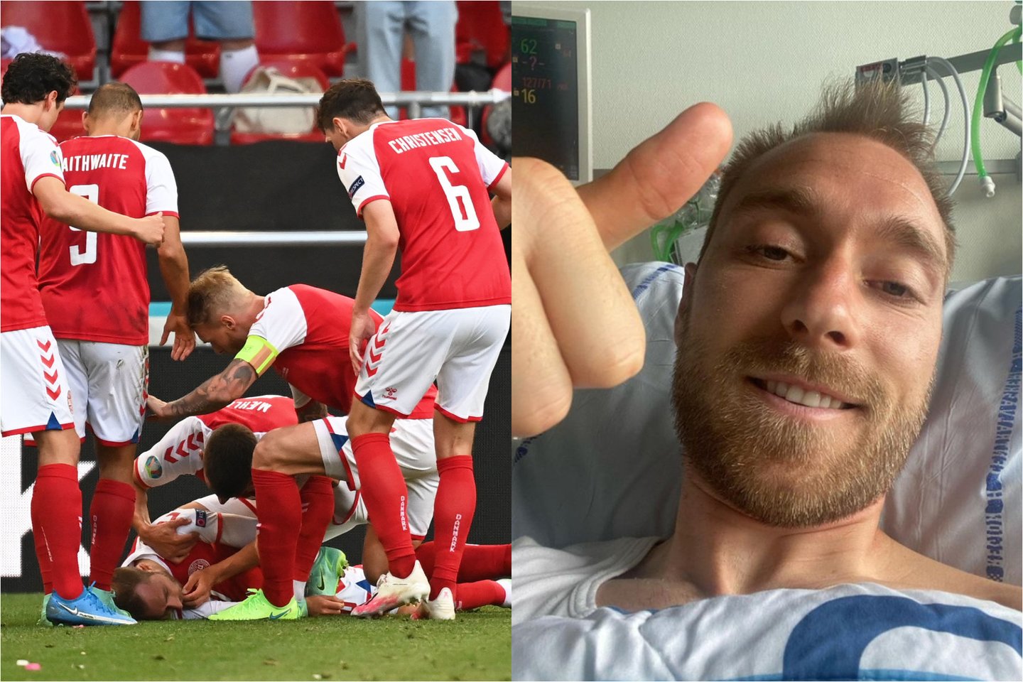 Rungtynių metu Ch.Eriksenas buvo patyręs širdies smūgį.<br>AFP/Scanpix ir Instagram nuotr. koliažas.