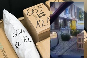 Vaizdas, kaip pašto kurjeris Kauno raj. pristato siuntas, apstulbino: iš pradžių skraidė maišiukai, o paskui – ir dėžės