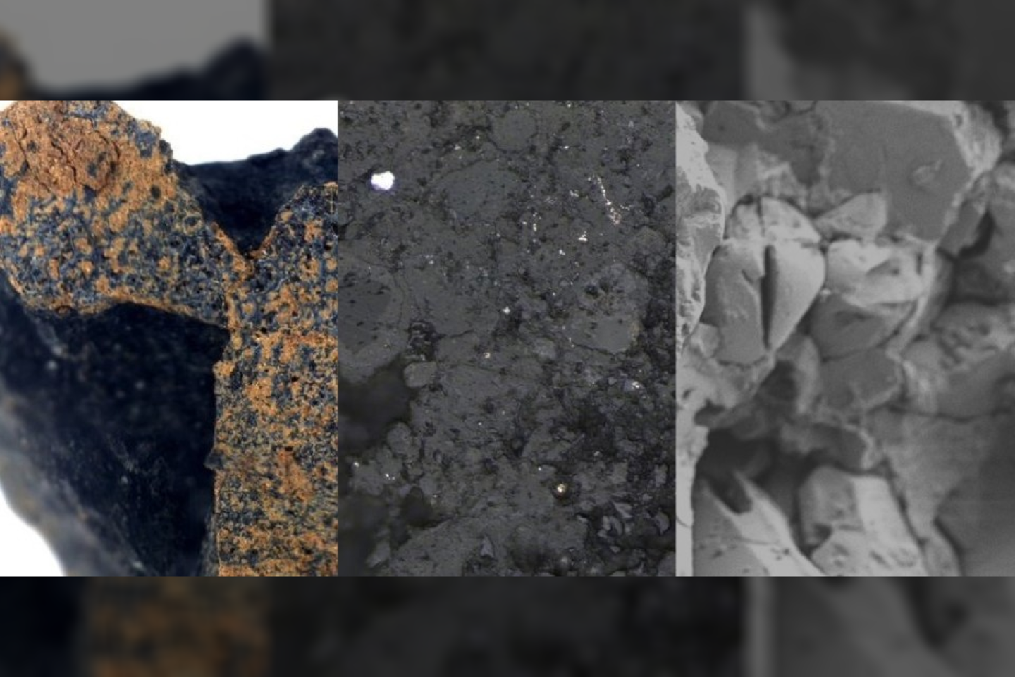  Vinčkombo meteoritas, skirtingo mastelio priartinimai.<br> Loughburougho universiteto nuotr.