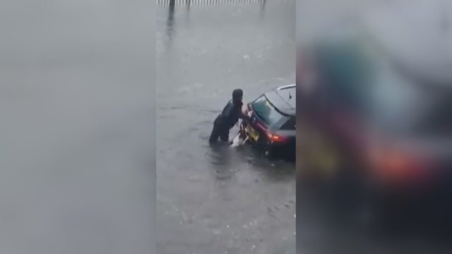 Neįtikėtinas atsidavimas šeimininkei: šuo padeda išstumti potvynių apsemtą automobilį