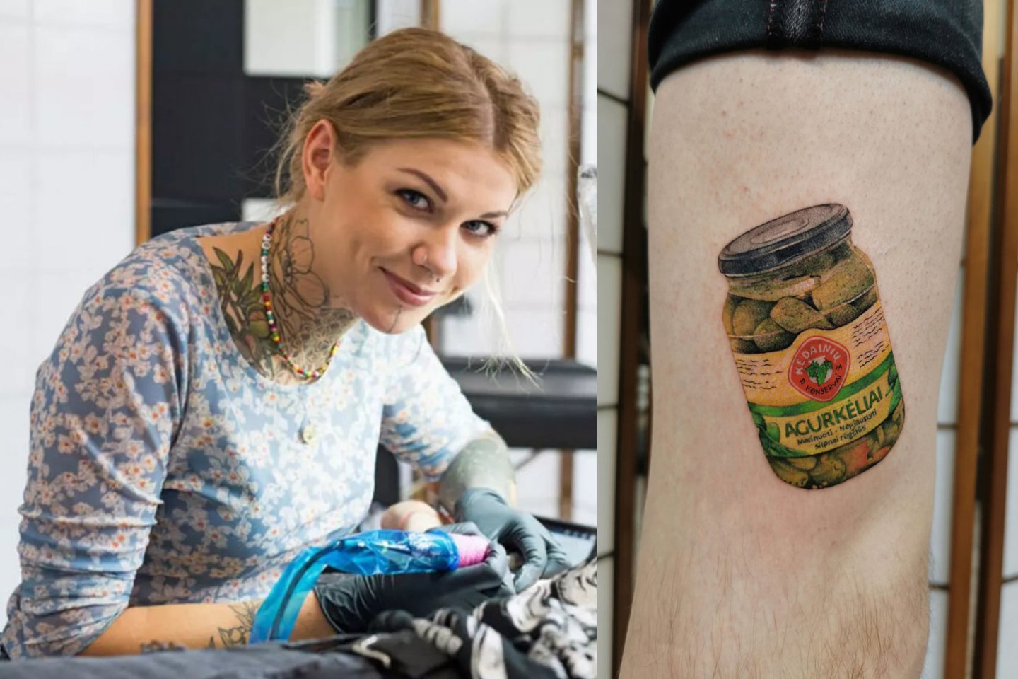 Klaipėdietė tatuiruočių meistrė Gerda Vališinaitė išgarsėjo, kai ištatuiravo drąsią, realistišką, 8 valandų darbo pareikalavusią „Kėdainių konservų“ marinuotų agurkėlių stiklainio tatuiruotę.<br>Lrytas.lt koliažas.