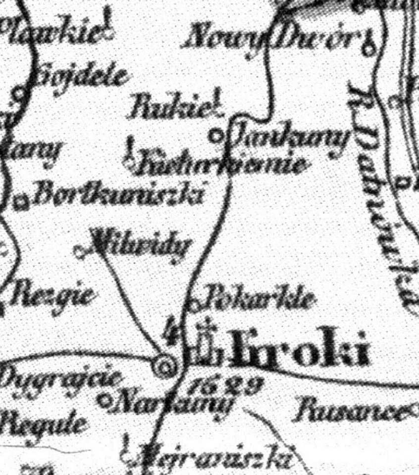 Rukie karčema, į š. nuo Krakių. Iškarpa iš 1855 m. žemėlapio.<br>Autoriaus nuotr.