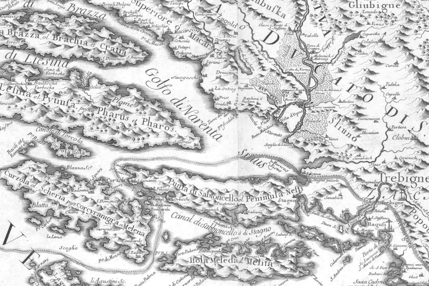 Narentos upė ir jos barjerinės salos. Fragmentas iš žemėlapio „Dalmatia maritima Occidentale e Dalmatia maritima Orientale“. Giacomo Giovanni Rossi, 1689 m.<br>Leidėjų nuotr.