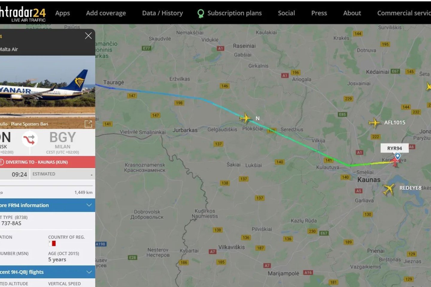  „Ryanair“ lėktuvas neplanuotai nusileido Kaune.<br> A.Vaitkevičiaus ekrano nuotr.