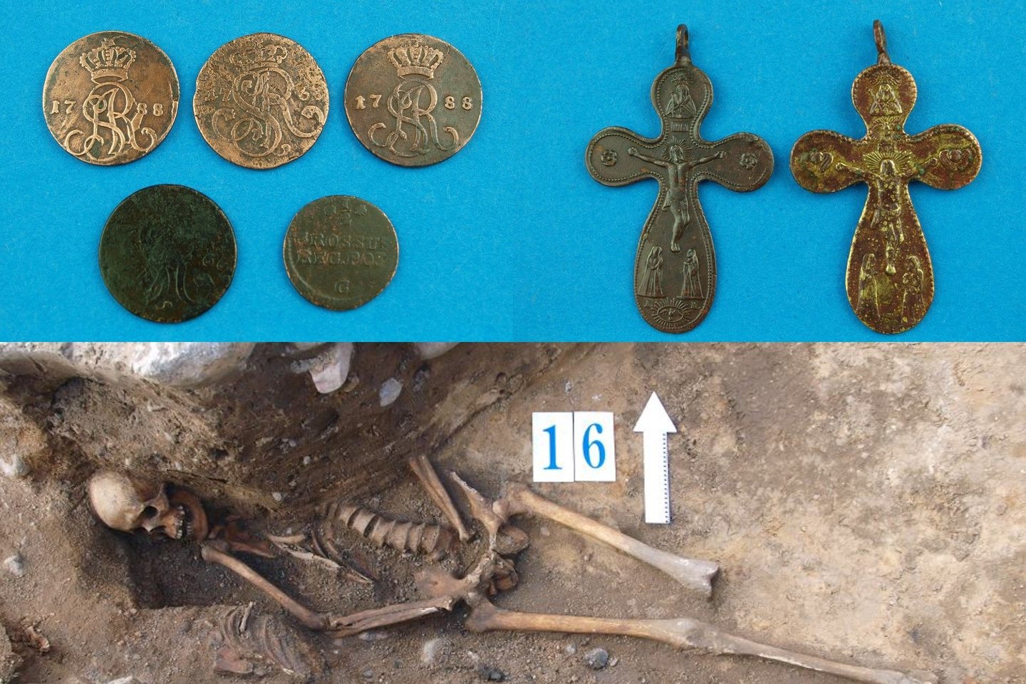  Kriptos viduje tyrėjai atrado 285 objektus, įskaitant 194 monetas, 21 kryžių ir medalį, 11 sagų, tris žiedus, dvi karsto rankenas, 23 keramikos fragmentus, aštuonis stiklo fragmentus ir lango fragmentą.<br> Dr. A. Nierychlewskos nuotr.