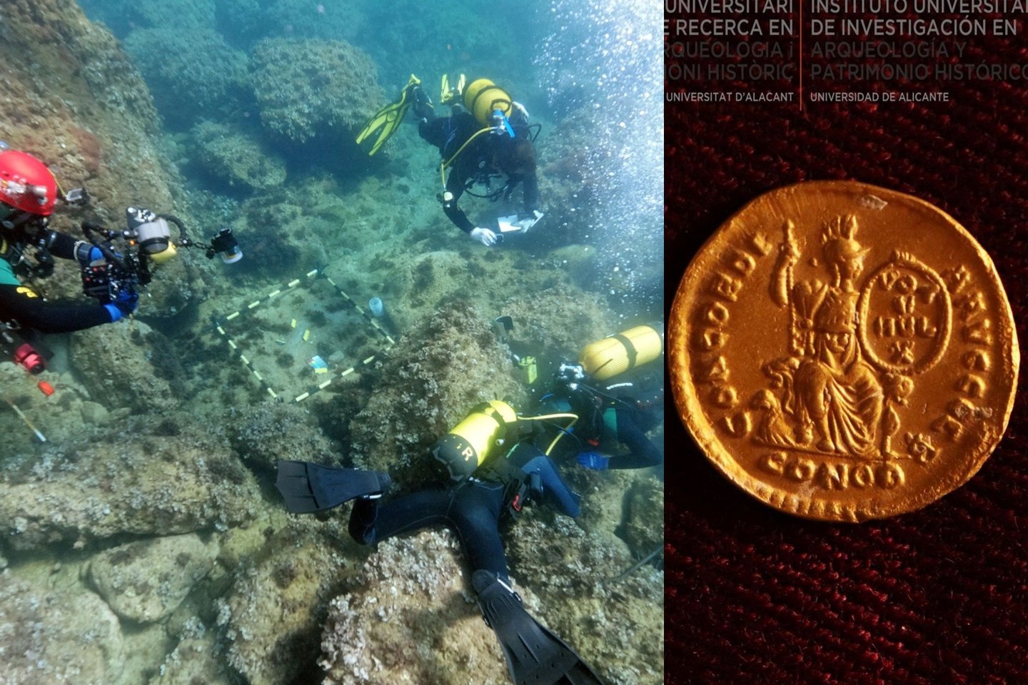 Du narai mėgėjai, plaukioję Ispanijos pakrantėje, aptiko didžiulį 1500 metų senumo auksinių monetų lobį – vieną didžiausių iš visų datuojamų Romos imperijos laikais.<br> Alikantės universiteto nuotr.