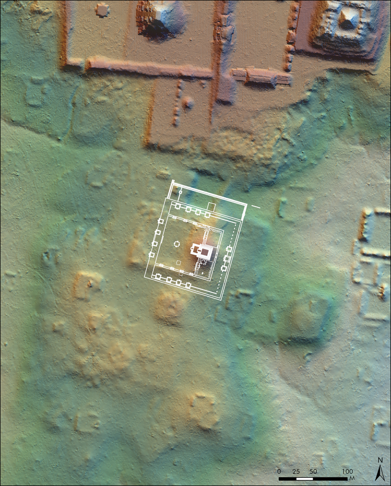  Teotihuakano citadelė, sumažinta 30 proc. ir žemėlapyje „uždėta“ ant Tikalio teritorijos. Matyti ta pati orientacija, šoninės platformos, rytinė piramidė, vakarinis aptvaras ir šiaurės-pietų koridorius prie vakarinio įėjimo.<br> T.Garrsono / PACUNAM nuotr.