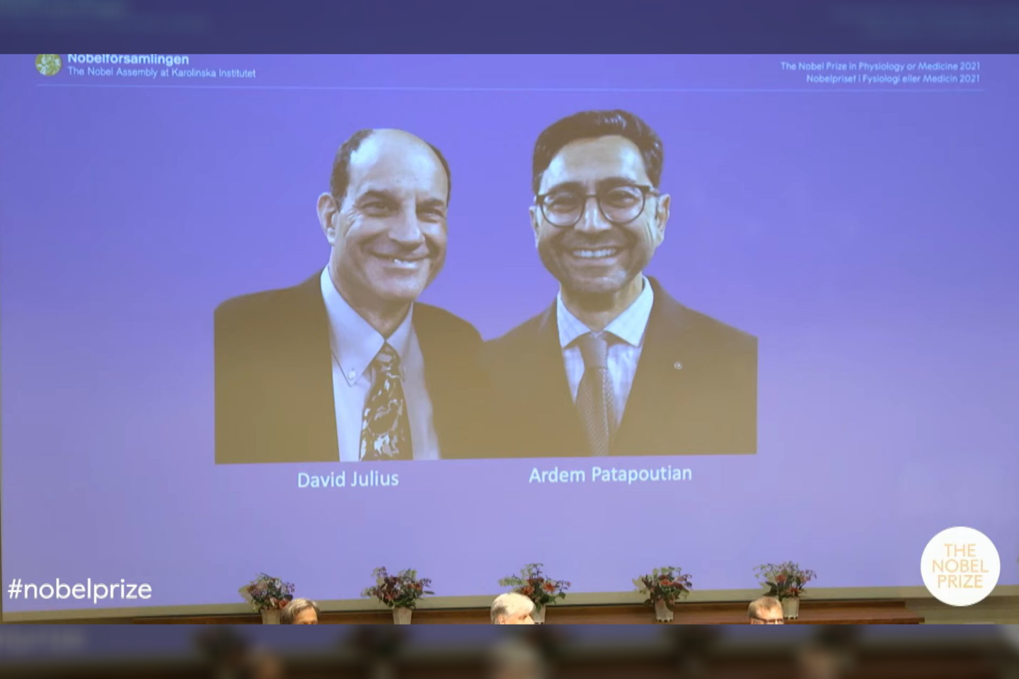  Švedijos Karolinskos instituto Nobelio komisija šiemet apdovanojimą skyrė Davidui Julius'ui ir Arendui Patapoutinanui, už temeperatūros ir prisilietimo receptorių atradimus.<br> Transliacijos sopkadras