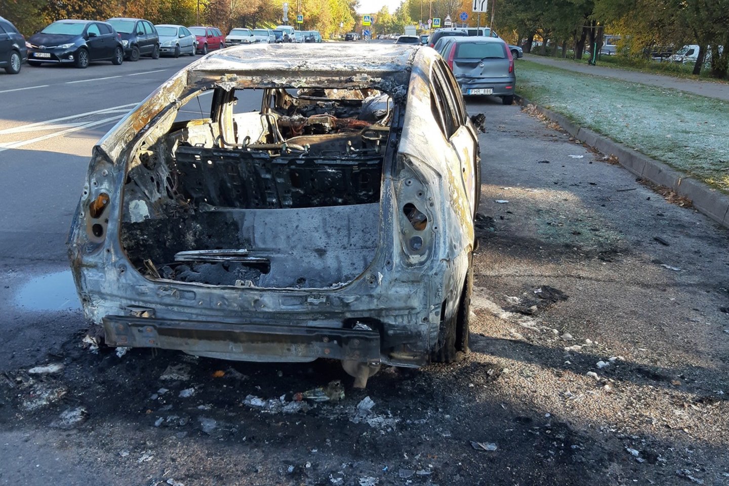  Šeštadienio rytą ant kojų sukelti Vilniaus ugniagesiai: Šeškinės rajone vidury gatvės atvira liepsna degė automobilis.<br> Facebook/ FOTOsportas nuotr.
