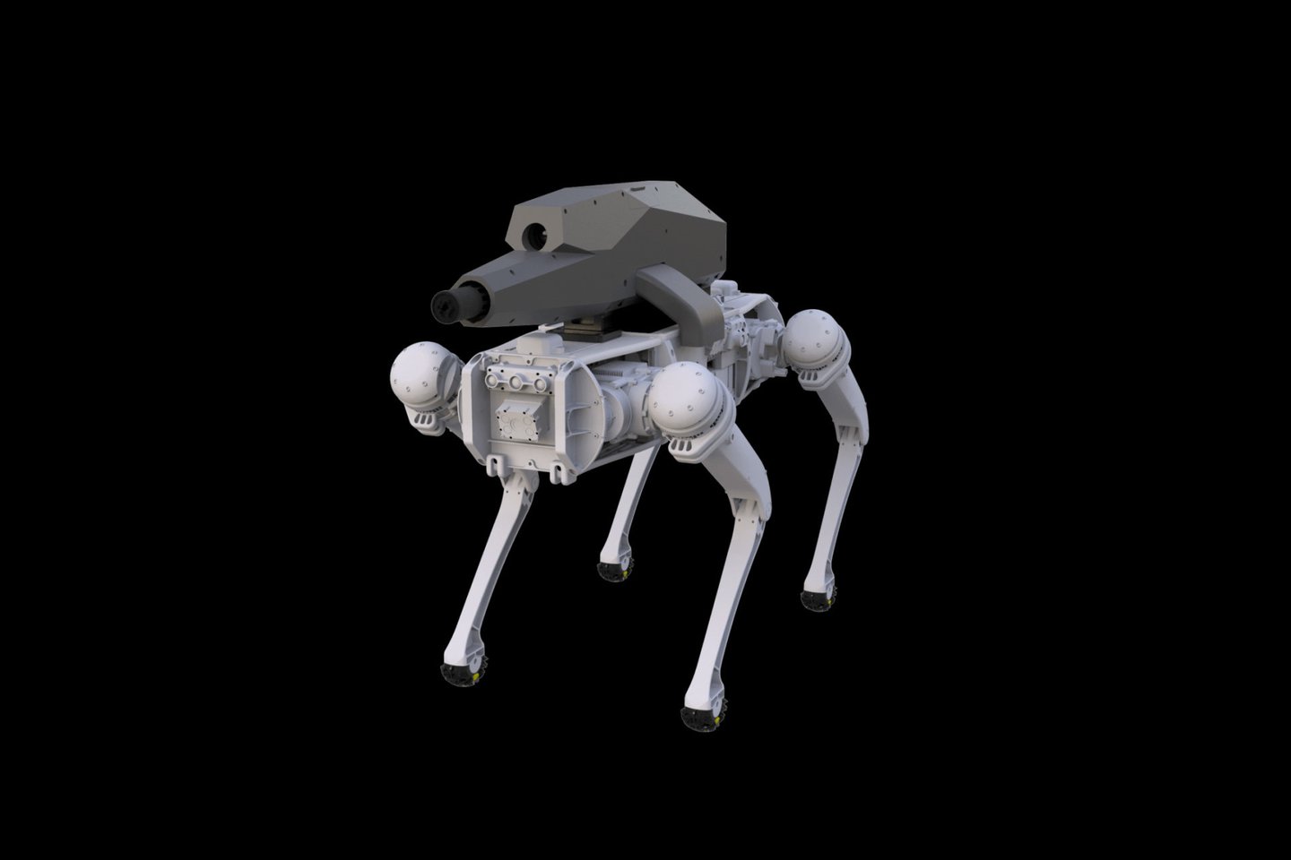  Specialios paskirties „bepilotis“ šautuvas (SPUR) montuojamas ant pasirinkto roboto šuns nugaros – šiuo atveju ant „Ghost Robotics“ keturkojo „Vision-60“.<br> „Sword Defense Systems“ iliustr.