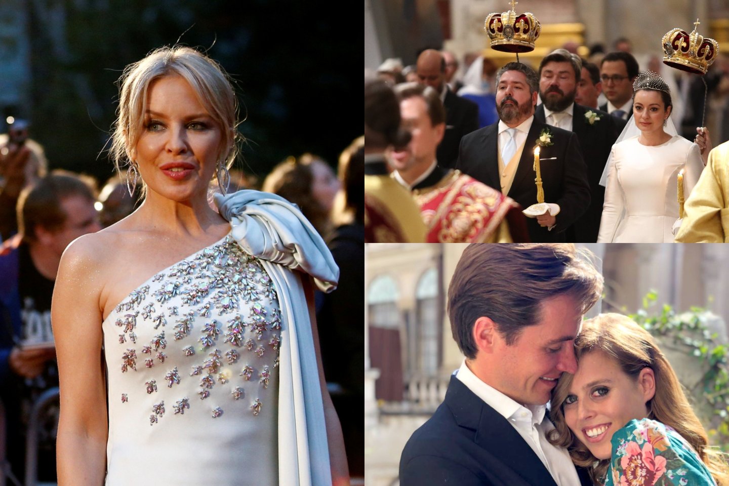 Kylie Minogue, didysis kunigaikštis Georgijus Michailovičius Romanovas ir jo sužadėtinė italė Rebecca Virginia Bettarini, princesė Beatrice ir jos vyras Edoardo Mapelli Mozzi.<br>lrytas.lt montažas.