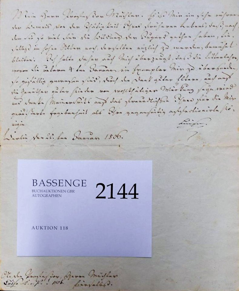 Mėmelyje rašytas Luizės laiškas atsidūrė Berlyno aukcione.