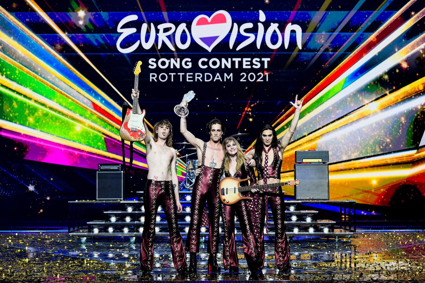 Šiųmetinę „Euroviziją, vykusią Roterdame, laimėjo italų roko grupė „Maneskin“ su daina „Zitti e Buoni“.<br>Reuters/Scanpix nuotr.