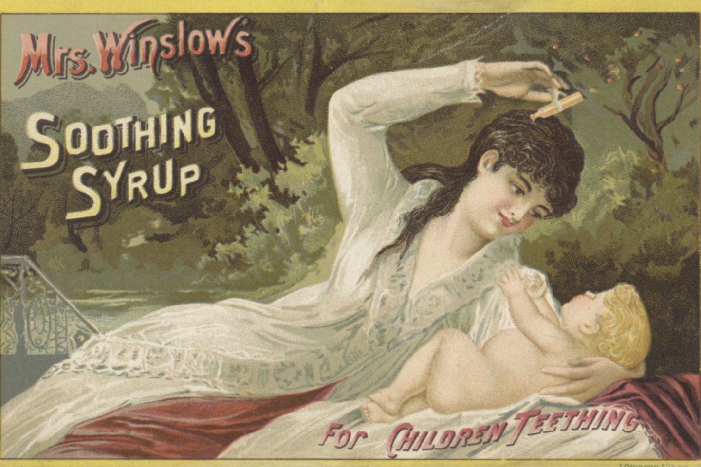 Kūdikiams bei mažamečiams vaikams buvo duodamos tokios opiumo mikstūros kaip „Ponios Winslow raminantis sirupas“, kuriame būdavo morfijaus, gaunamo iš opiumo. <br> Wikimedia commons.