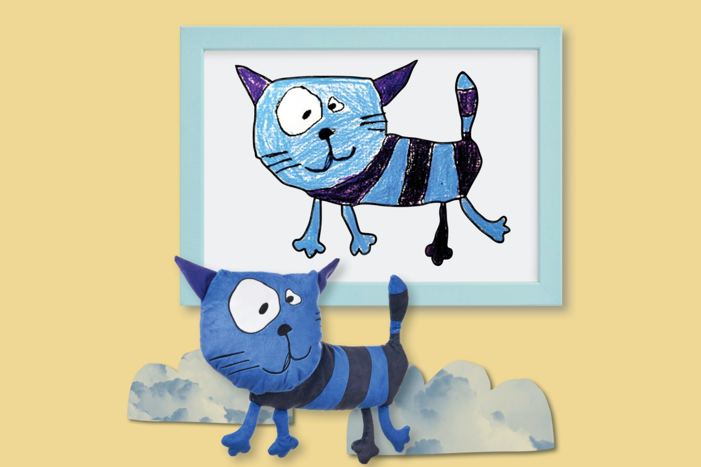 Mėlynas pliušinis katinas, pasiūlytas lietuvės Liepos, buvo atrinktas iš daugiau nei 66 tūkstančių vaikų piešinių iš viso pasaulio.<br>IKEA nuotr.