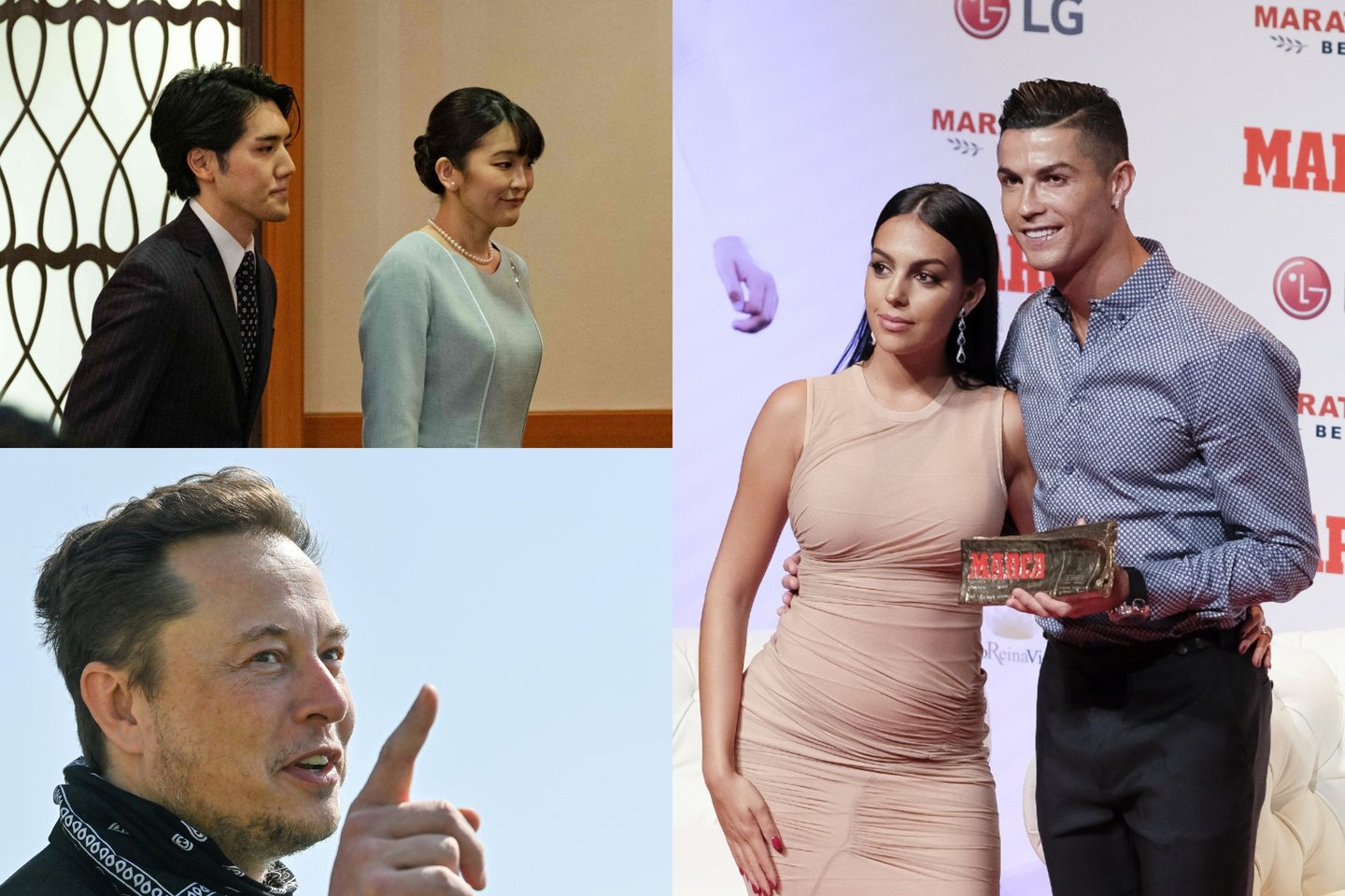 Kei Komuro ir Japonijos princesė Mako, Elonas Muskas, Georgina Rodriguez ir Cristiano Ronaldo.