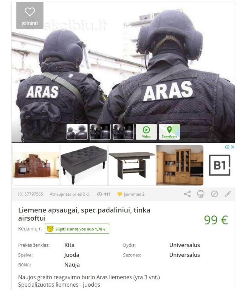 Socialiniuose tinkluose ir skelbimų portaluose pasirodė skelbimų apie parduodamas neva Lietuvos policijos antiteroristinių operacijų rinktinės „Aras“ liemenes.<br>Lrytas.lt nuotr.