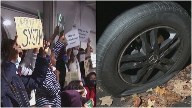 Paskutinė COP26 konferencijos diena neapsiėjo be incidentų: aktyvistai Glazge prakiurdė džipų padangas