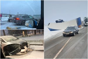 Pirmasis sniegas Kaune prišaukė avarijų laviną – sužeista mergina, nuo slidaus kelio nulėkė vilkikas