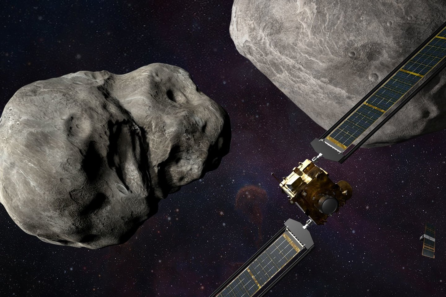  Kaip tikimasi, 2022 m. tarp rugsėjo 26 d. ir spalio 1 d. erdvėlaivis DART rėšis į dvinarę asteroidų sistemą.<br> NASA iliustr.