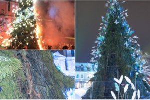 Naktį Kauno Rotušės aikštėje padegta Kalėdų eglutė – miesto puošmena degė atvira liepsna