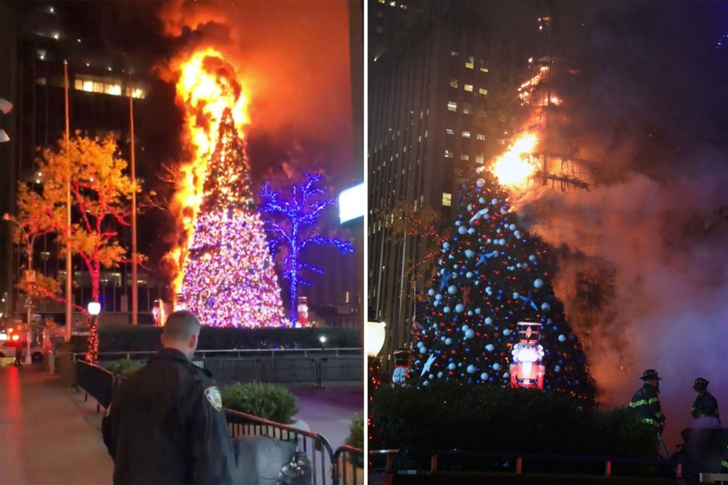  Ankstų trečiadienio rytą Niujorko pirmosios pagalbos tarnybos bandė suvaldyti kalėdinės eglutės gaisrą prie „Fox News“ pastato Manhatano centre.  <br> Twitter nuotr.