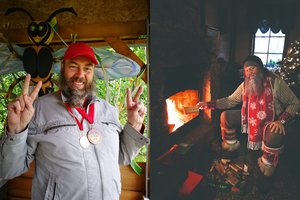 Senelis Kalėda sodyboje žolę pjauna užsikimšęs ausis