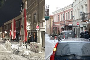 Juokas pro ašaras: lauko kavinės seniai užsidarė, bet vienoje Vilniaus senamiesčio gatvių eismas ir toliau draudžiamas