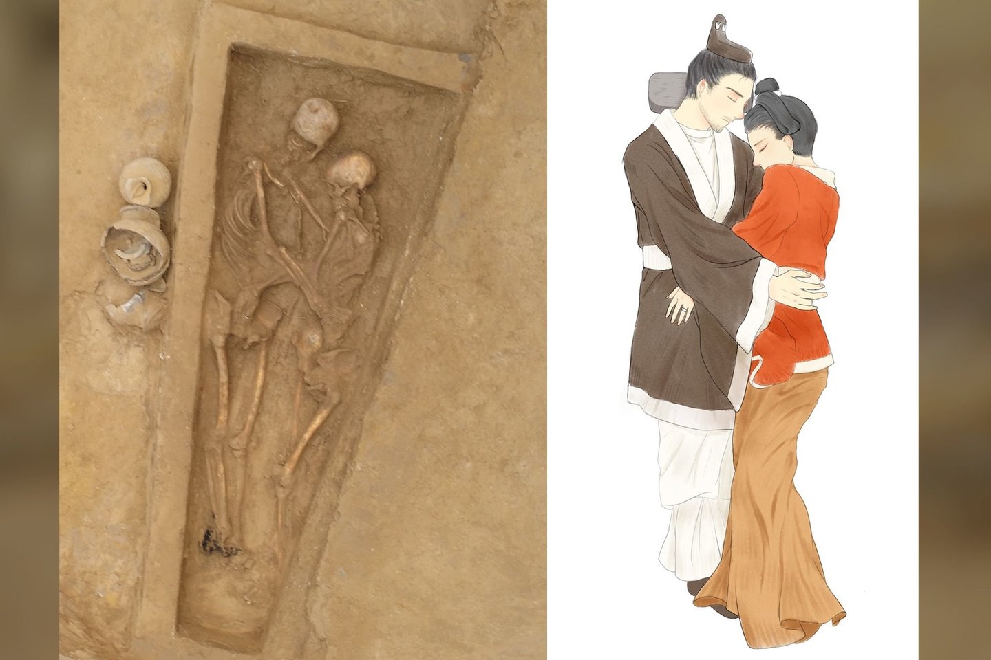  Maždaug prieš 1500 metų pora – vyras ir moteris – buvo palaidoti kartu meiliai apkabinę.<br> Qian Wang nuotr. / Anqi Wang pieš.
