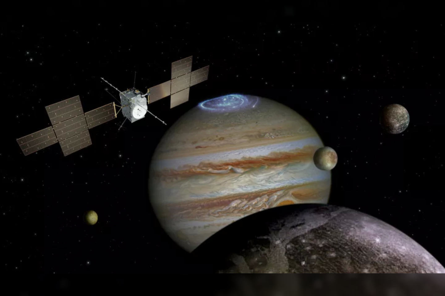  Planuojama, kad ESA misija „Jupiterio ledinių mėnulių tyrinėtojas“ (angl. Jupiter Icy moons Explorer, JUICE) bus paleista 2022 m. gegužę ir 2029 m. pasieks dujinę milžinę.<br> ESA iliustr.