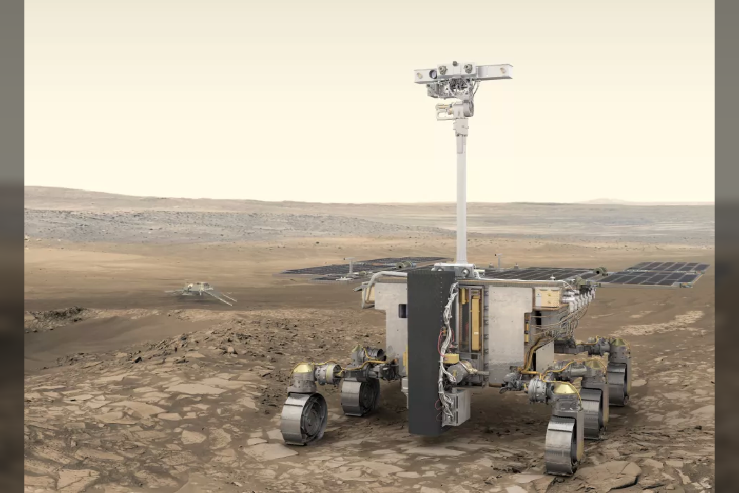  Marsaeigio „Rosalind Franklin“, kurį Europa planuoja pastatyti ant Marso paviršiaus 2021 m. kovą, piešinys.<br> ESA/ATG medialab iliustr.