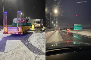 Situacija keliuose – itin pavojinga: automobiliai slysta, po avarijos magistralėje uždaryta viena eismo juosta