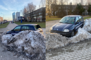 Nei juoktis, nei verkti: išdaužytais langais automobilis miesto centre pateko į sniego spąstus