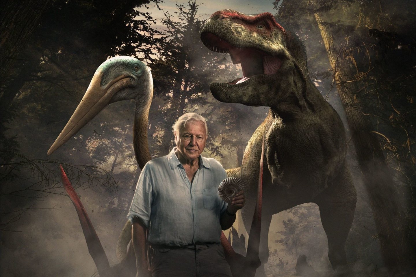  Naujame BBC1, PBS ir „France Télévisions“ sukurtame dokumentiniame filme „Dinosaurs: The Final Day“ D.Attenboroughas kartu su žymiausiais ekspertais pristatys kai kuriuos fosilijų radinius.<br> BBC iliustr.