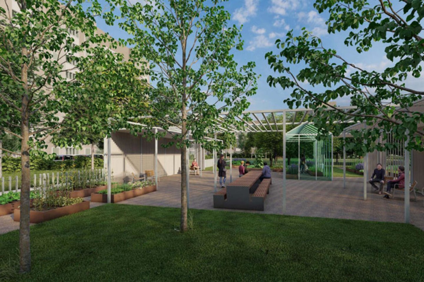 Siūloma įkurti bendruomenės sodą su vaismedžiais ir šiltnamiu.<br>Projektuotojų vizual.