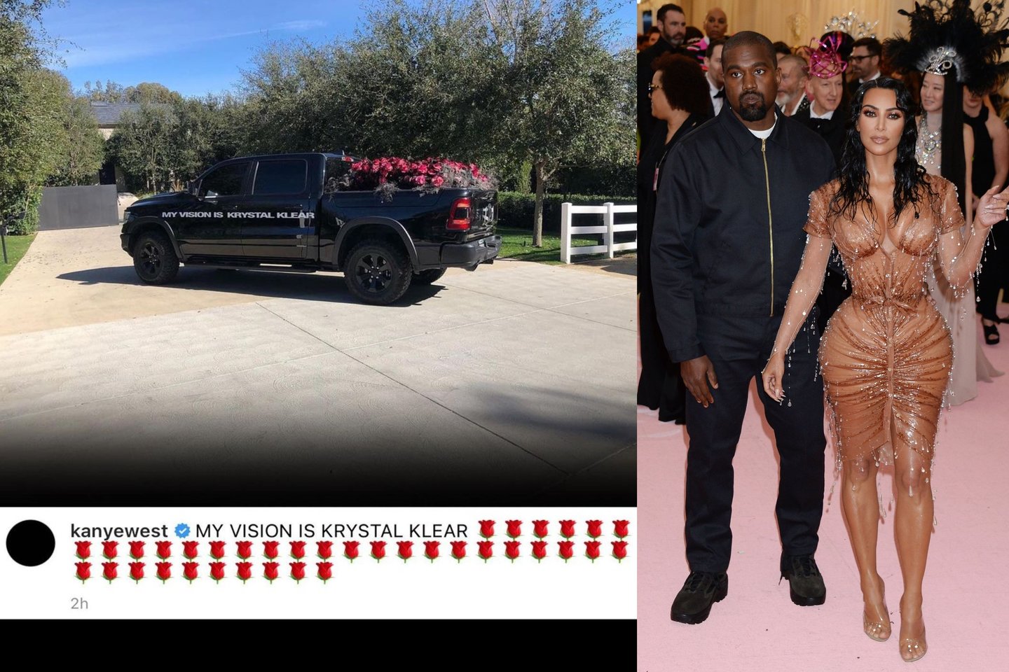  Kanye Westas buvusiai žmonai Kim Kardashian atsiuntė priekabą rožių.<br> lrytas.lt koliažas.