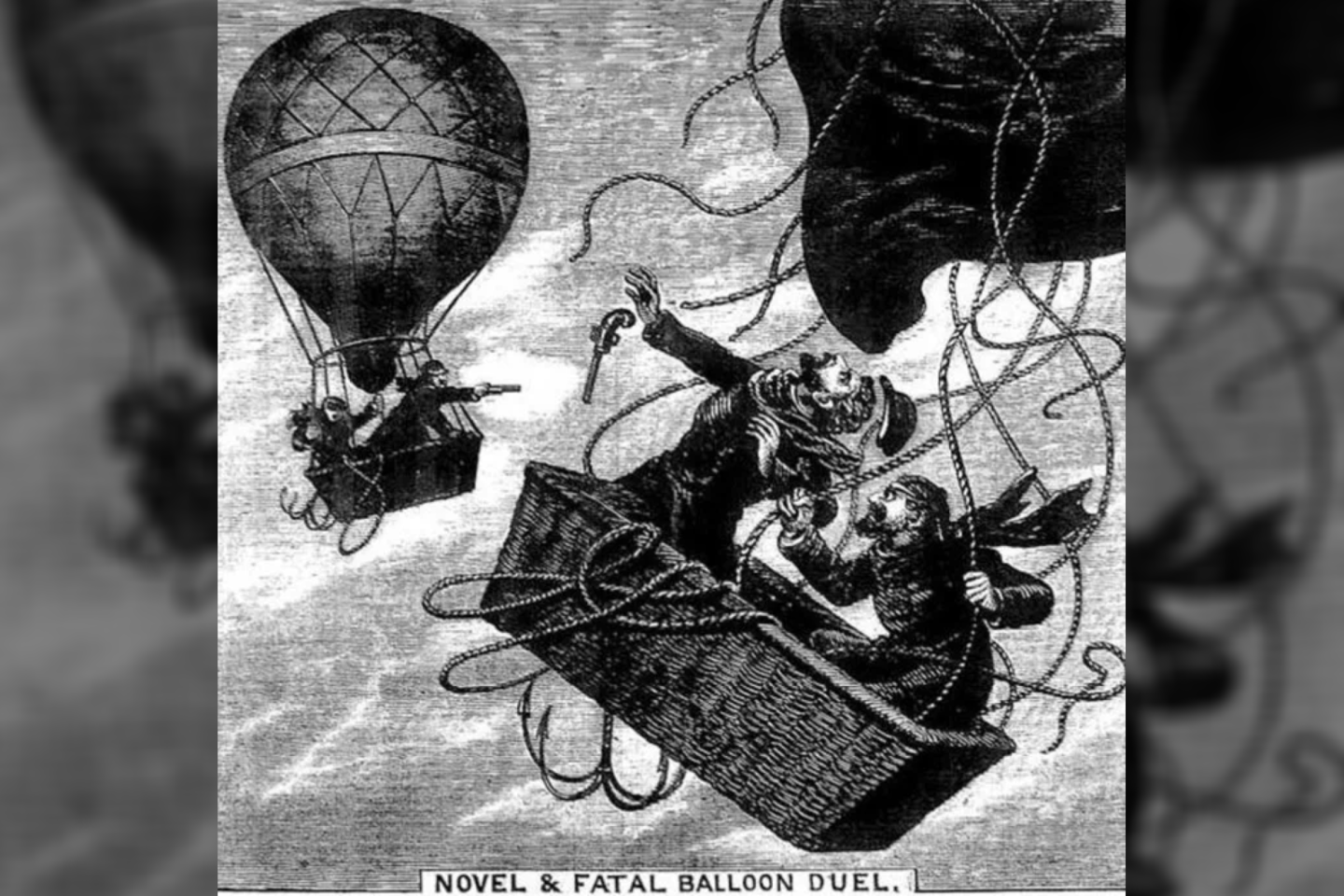 Dvikova buvo neįprasta tuo, kad ji vyko ore, o abu vyrai šaudė į vienas kito oro balionus.<br> Pinterest iliustr.