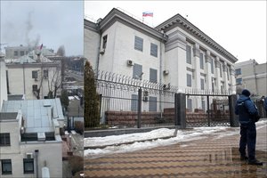 Iš Rusijos ambasados Kijeve virto dūmai: įtaria įslaptintų dokumentų deginimu