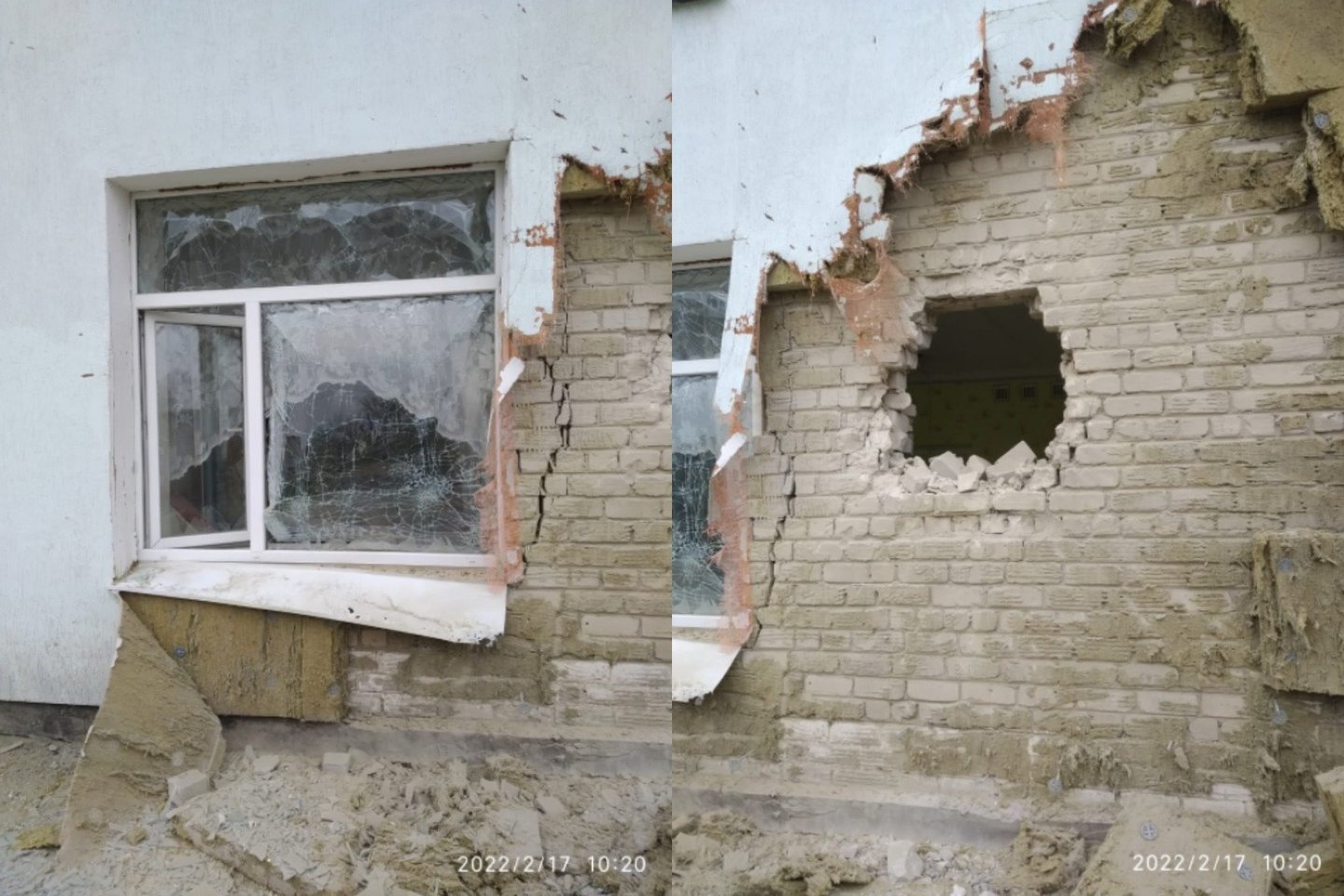 Ukrainoje apšaudytas vaikų darželis.<br>„Twitter“ nuotr.