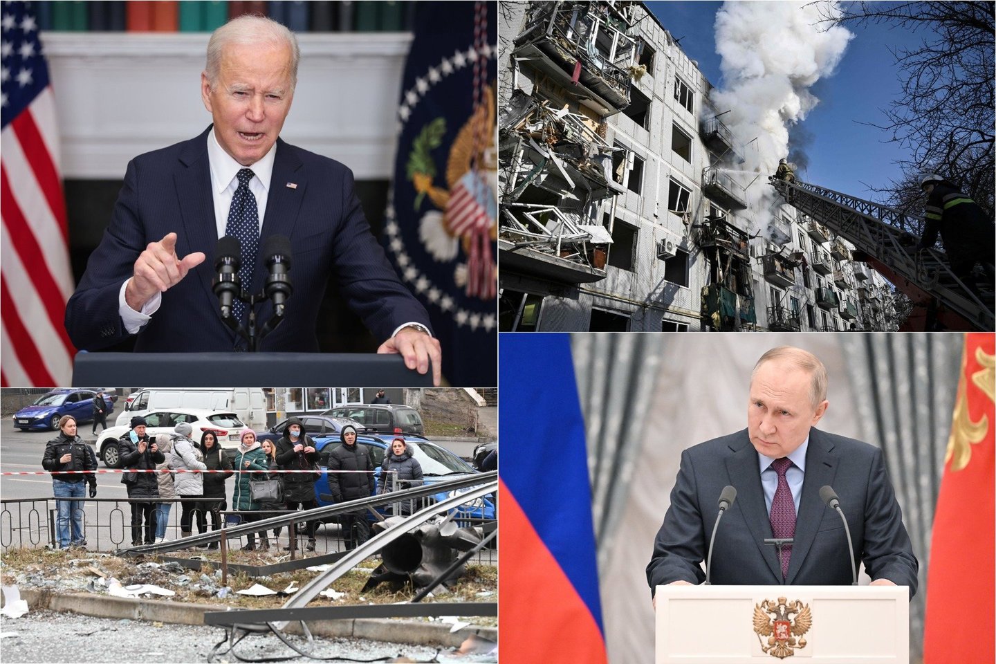 J.Bidenas pažadėjo, kad pasaulis „laikys Rusiją atsakinga“ už Ukrainoje vykstantį karą.<br>Lrytas.lt fotomontažas.