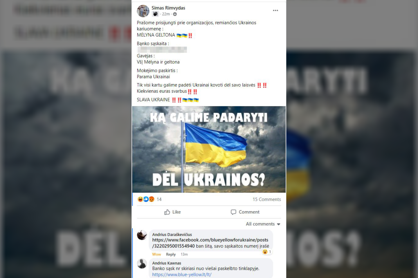   „Blue / Yellow“ perspėja: sukčiai bando naudotis jos vardu ir kviečia remti Ukrainą nurodydami ne tikrąjį organizacijos, bet kitą banko sąskaitos numerį.<br> Ekrano nuotr.
