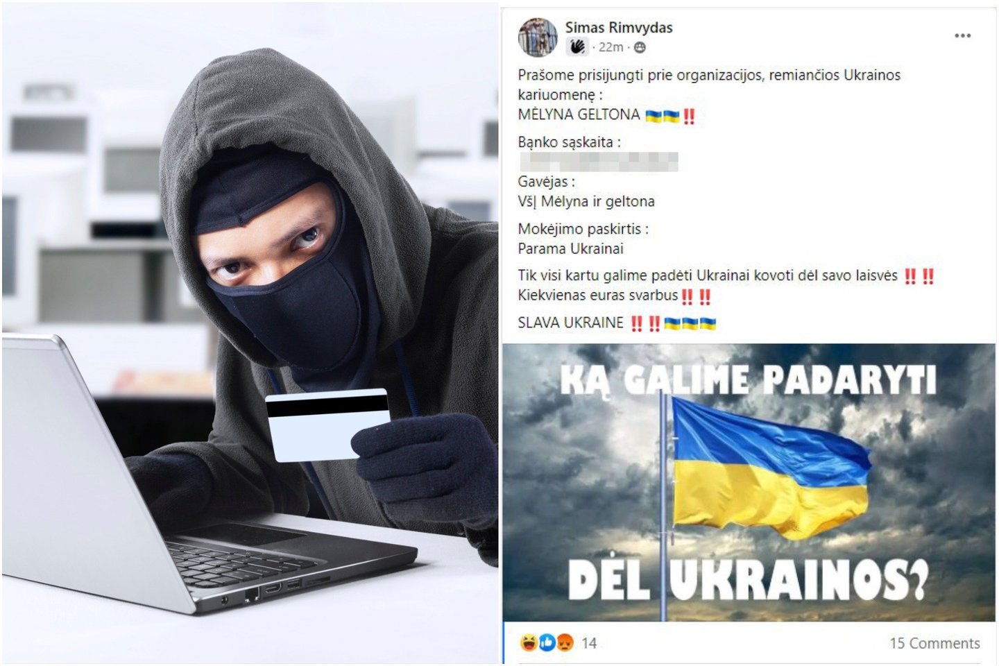   „Blue / Yellow“ perspėja: sukčiai bando naudotis jos vardu ir kviečia remti Ukrainą nurodydami ne tikrąjį organizacijos, bet kitą banko sąskaitos numerį.<br>123rf nuotr. / ekrano nuotr., lrytas.lt mont.