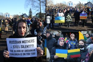 Moterų proteste prieš Rusijos agresiją skambėjo Ukrainos himnas: „Siekiame pabudinti Rusijos moteris“