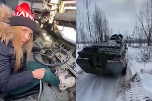 Ukrainietė pamokė, kaip valdyti iš rusų atimtą šarvuotį: ar sugebėtumėte?