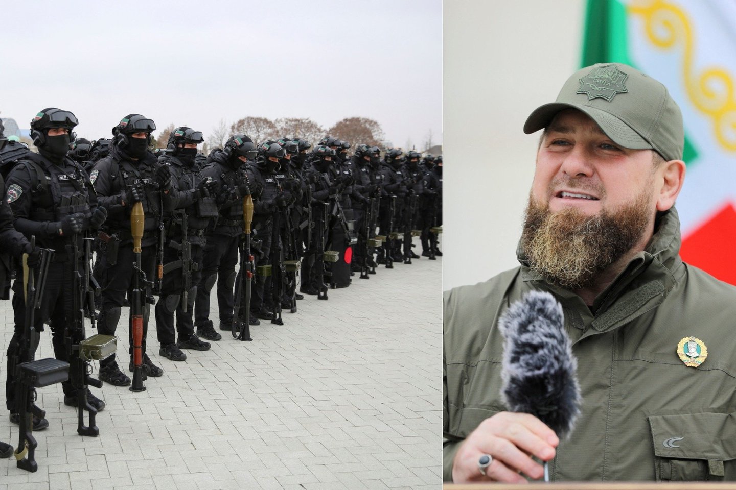 Čečėnijos lyderis Razmanas Kadyrovas ir jo kariai.<br>Lrytas.lt koliažas.