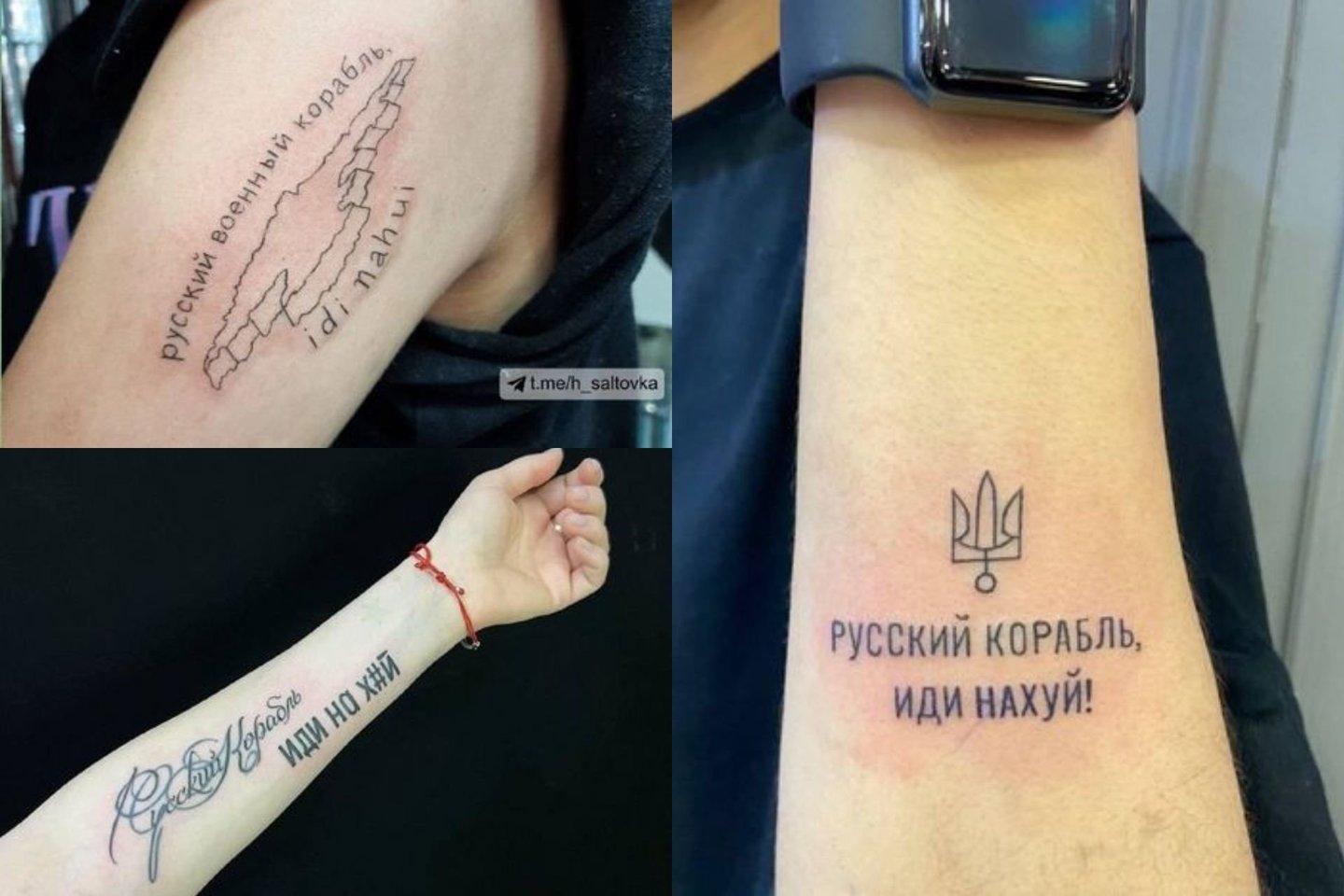  „Rusijos laive, eik n***ui“, – puikuojasi užrašai tatuiruotėse.<br> Telegram nuotr.