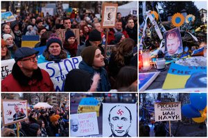 Protestai prieš invaziją į Ukrainą tęsiasi: prie Rusijos ambasados Vilniuje susirinko šimtai žmonių