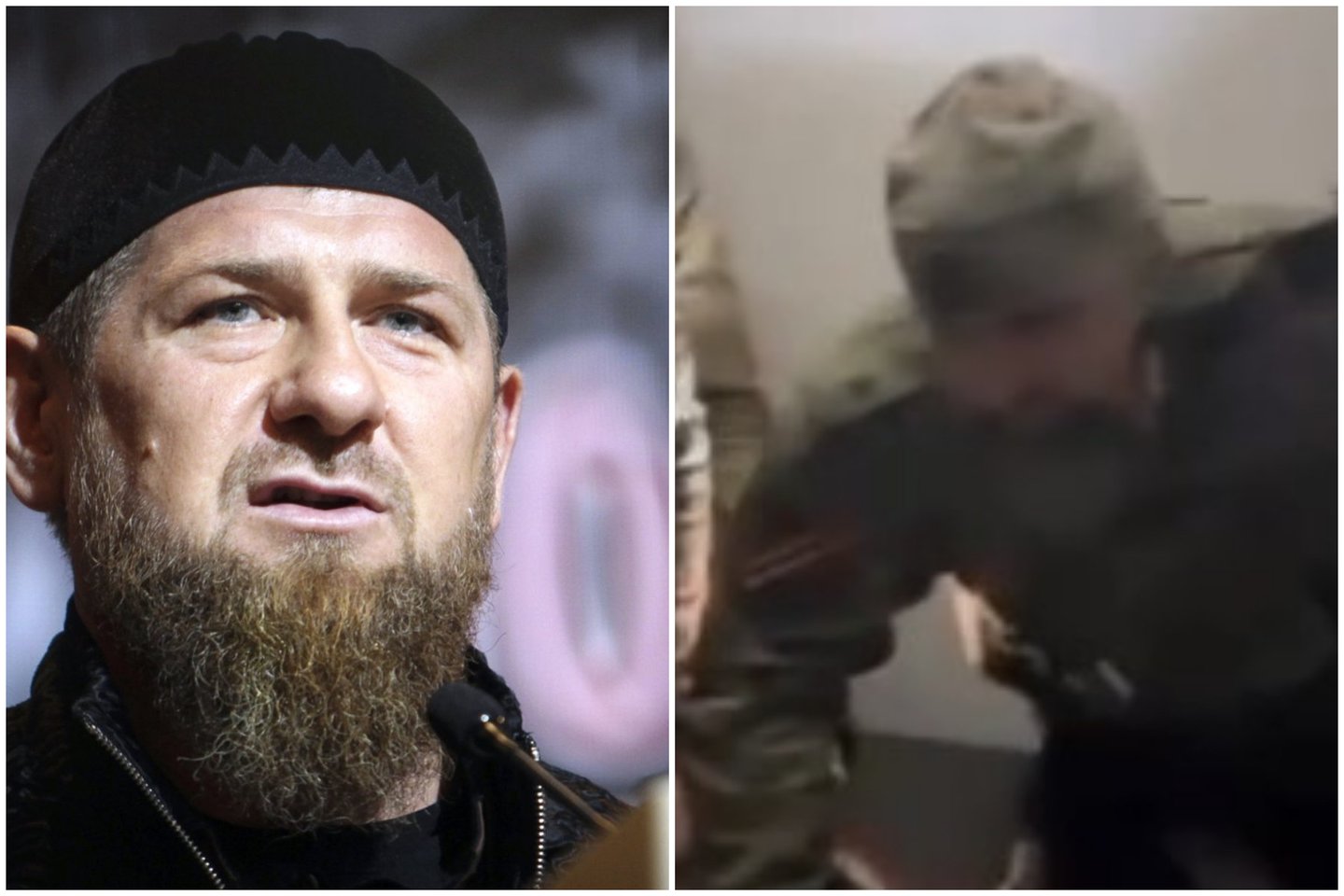  Čečėnijos diktatoriškas vadovas R. Kadyrovas sako esąs Ukrainoje.<br> Lrytas.lt koliažas
